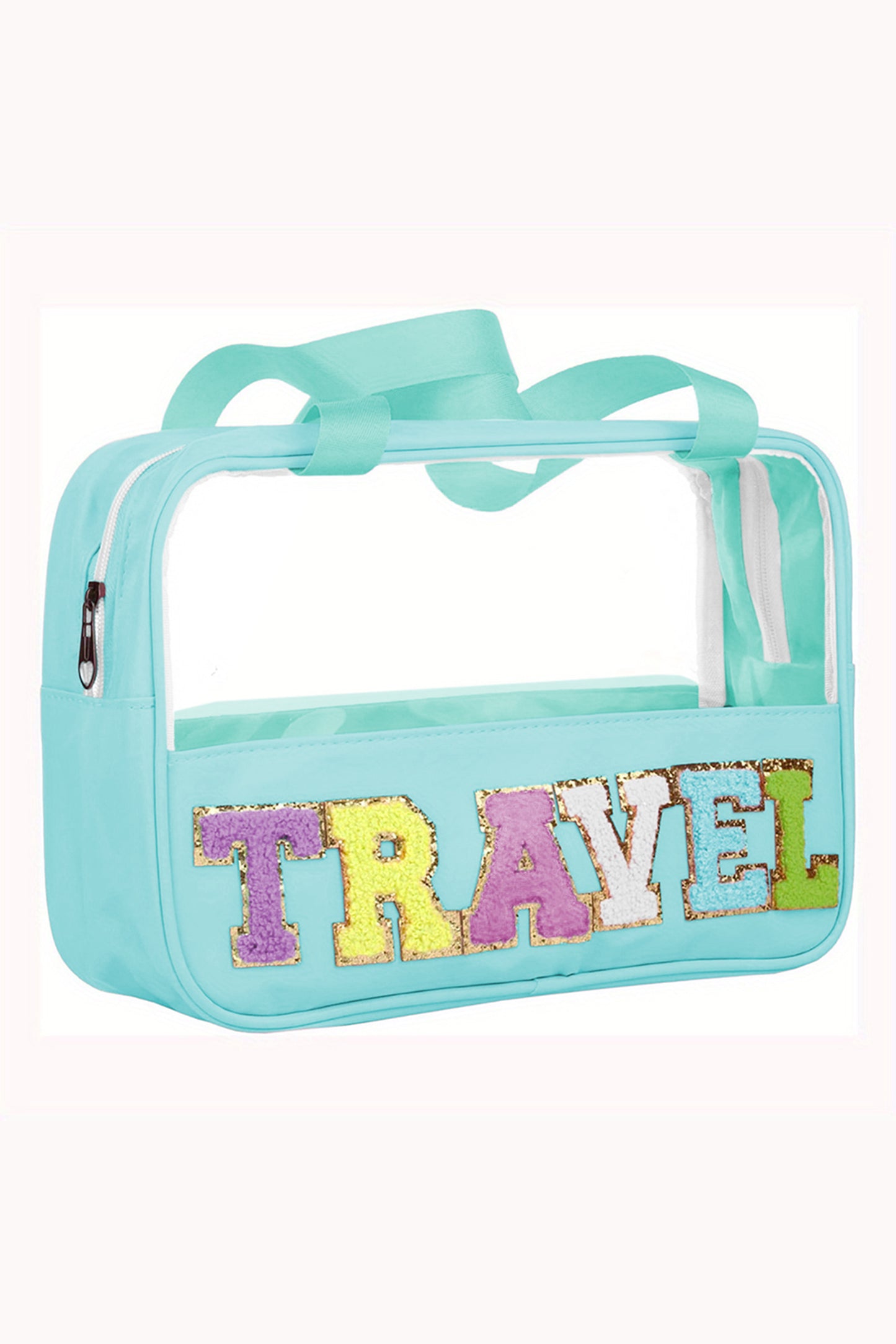 Mint Green TRAVEL Chenille Letter Clear PVC Makeup Bag