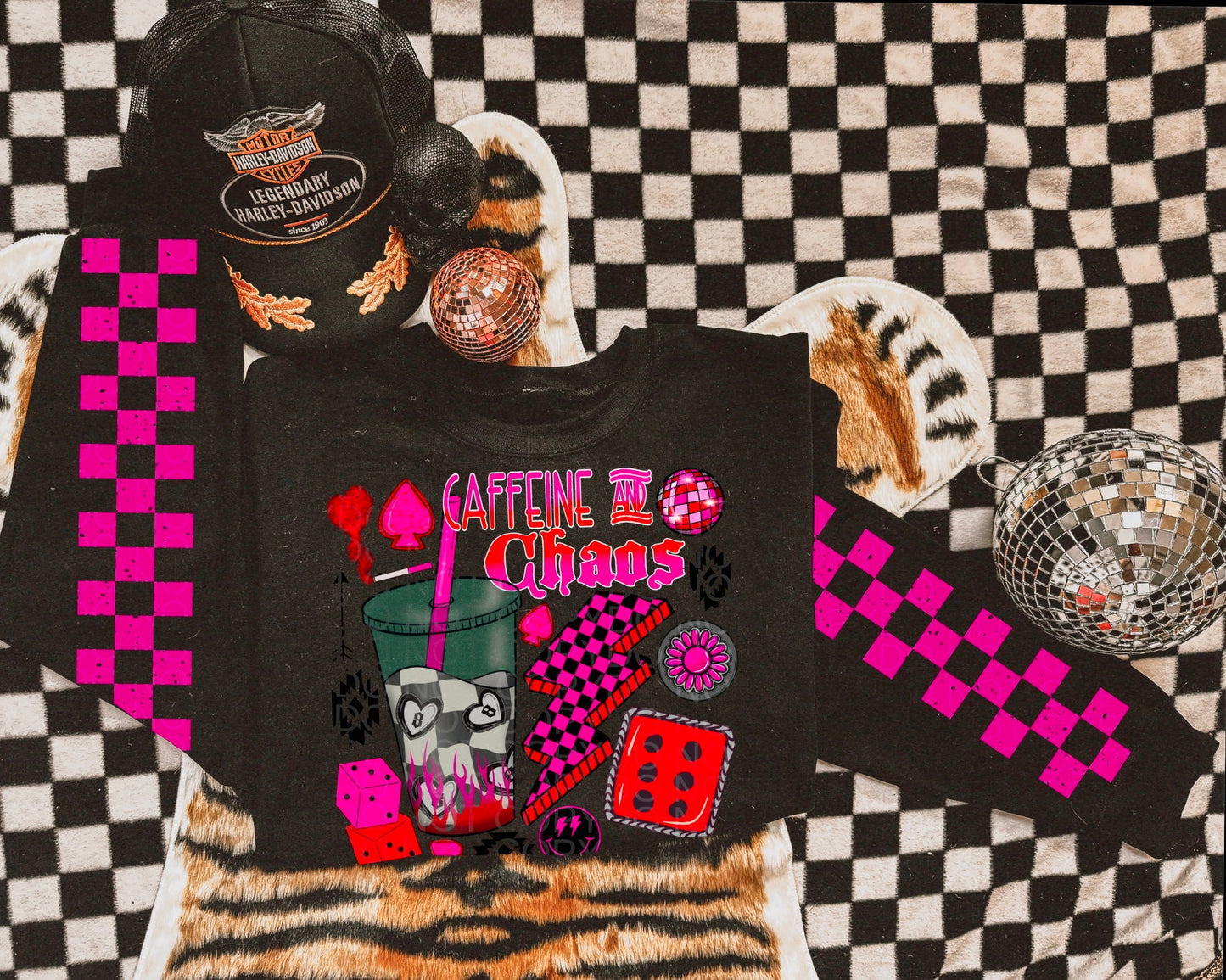 Caffeine & chaos checkered w/sleeve or without - Multiple Styles/Design