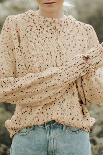 Light French Beige Colorful Dots Cable Knit Crew Neck Sweater