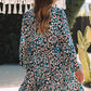 Blue Leopard Print Bubble Sleeve Ruffled Shirt Dress