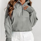 Gray Zip Up Stand Collar Ribbed Thumbhole Sleeve Sweatshirt