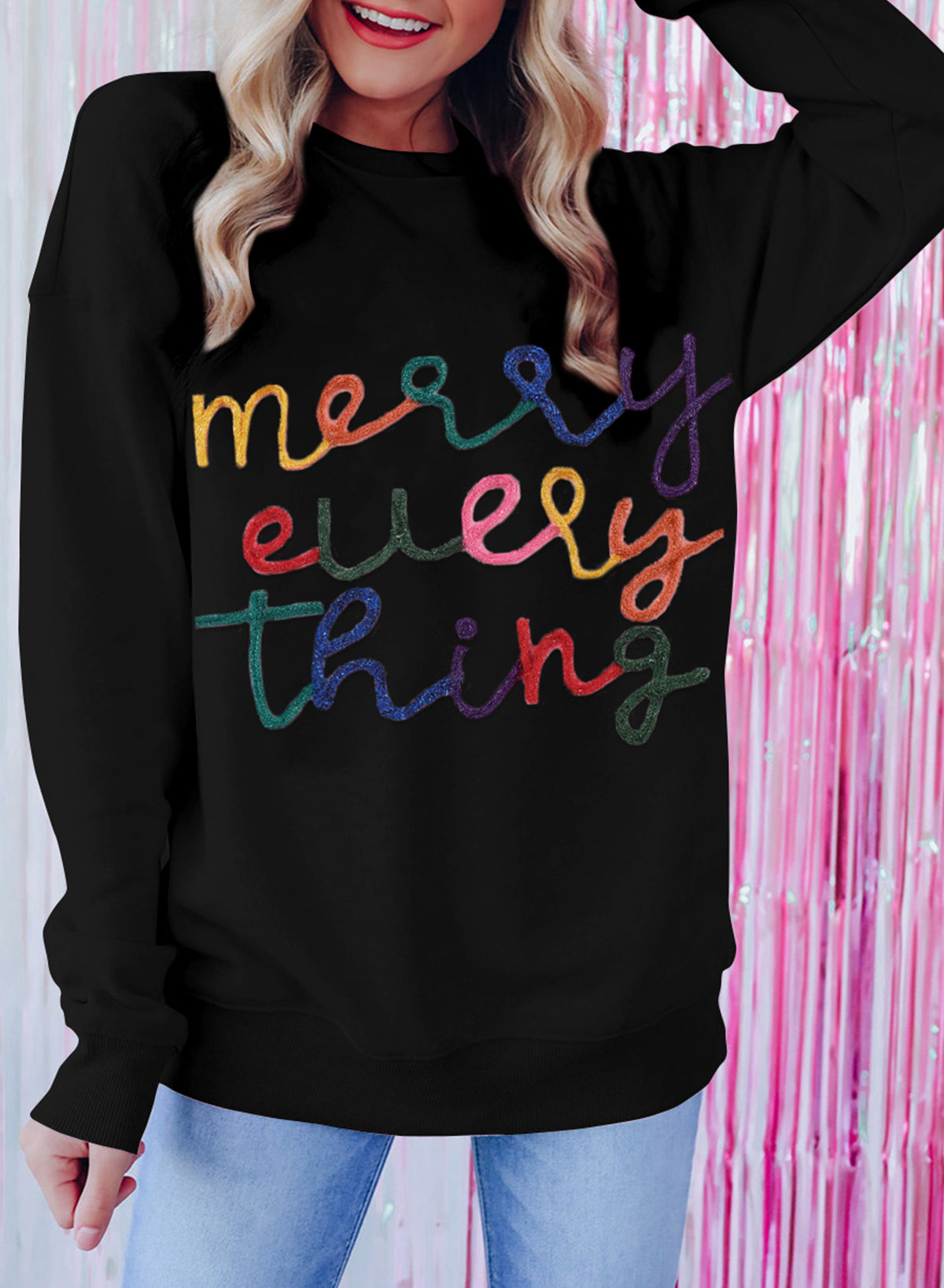 Black Merry Every Thing Glitter Slogan Sweatshirt