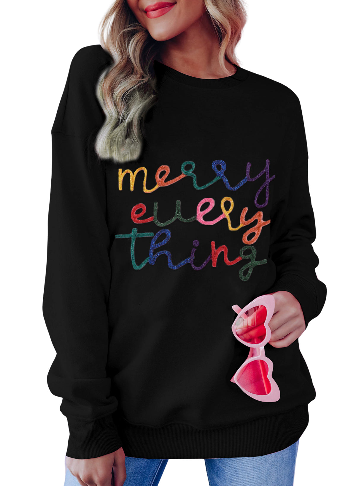 Black Merry Every Thing Glitter Slogan Sweatshirt