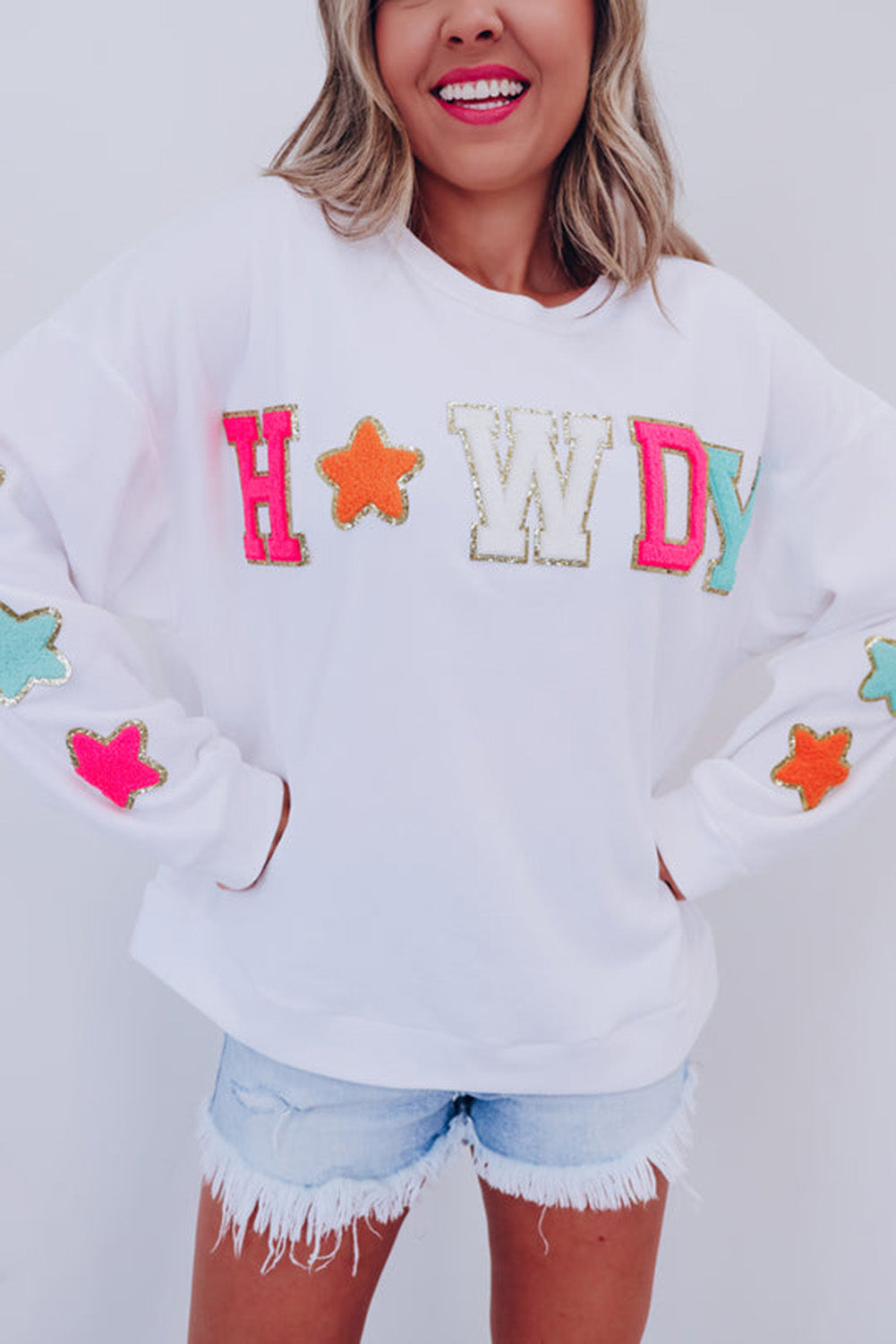 White Glitter Howdy Patch Graphic Casual Sweatshirt