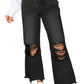 Black Distressed Hollow-out High Waist Cropped Flare Jeans