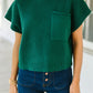 Blackish Green Patch Pocket Ribbed Knit Short Sleeve Sweater