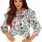 Multicolor Abstract Print 3/4 Puff Sleeve Ruffle Blouse