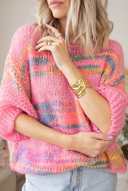 Rose Colorful Stripes 3/4 Sleeve Loose Sweater