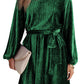 Green Tie Waist Crinkle Velvet Dress