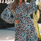 Blue Leopard Print Bubble Sleeve Ruffled Shirt Dress