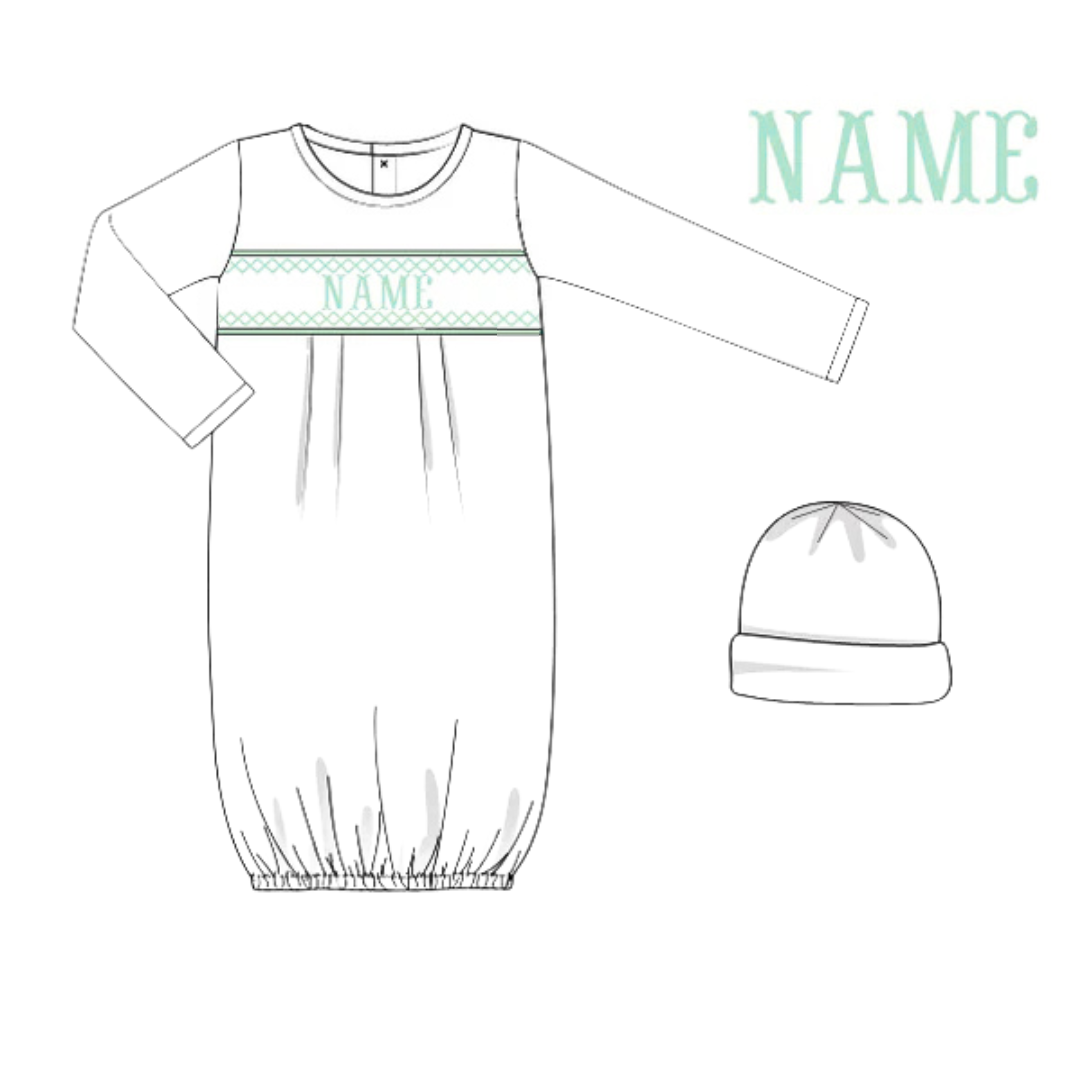 Custom Smocked Newborn Gown & Hat Set