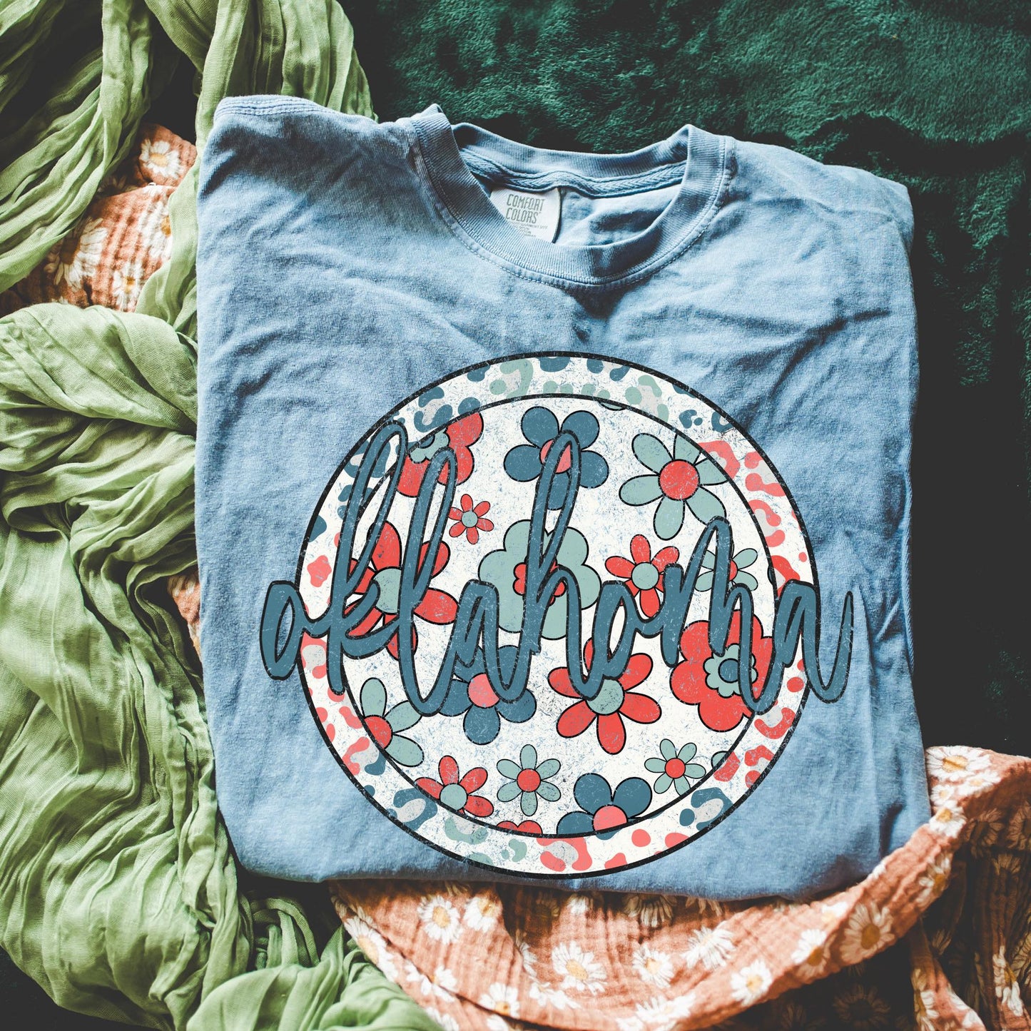 Retro Floral State Tee - Blue Jean