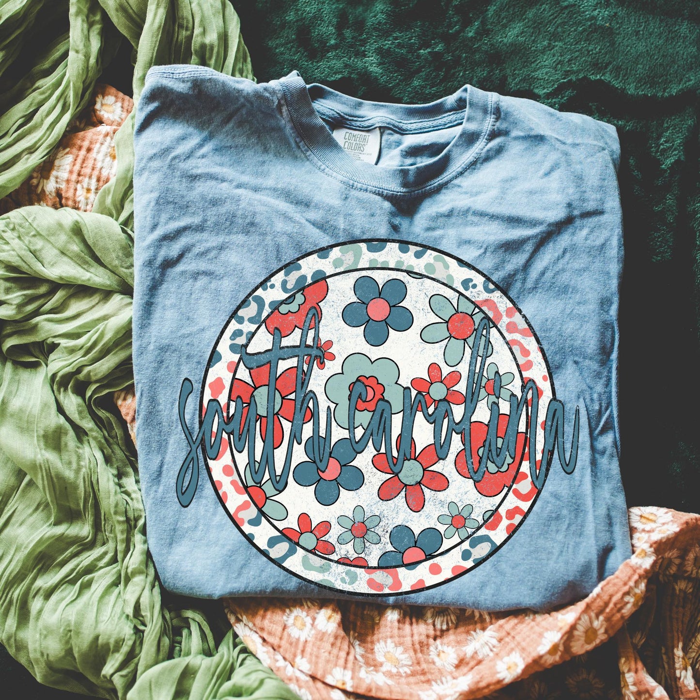 Retro Floral State Tee - Blue Jean