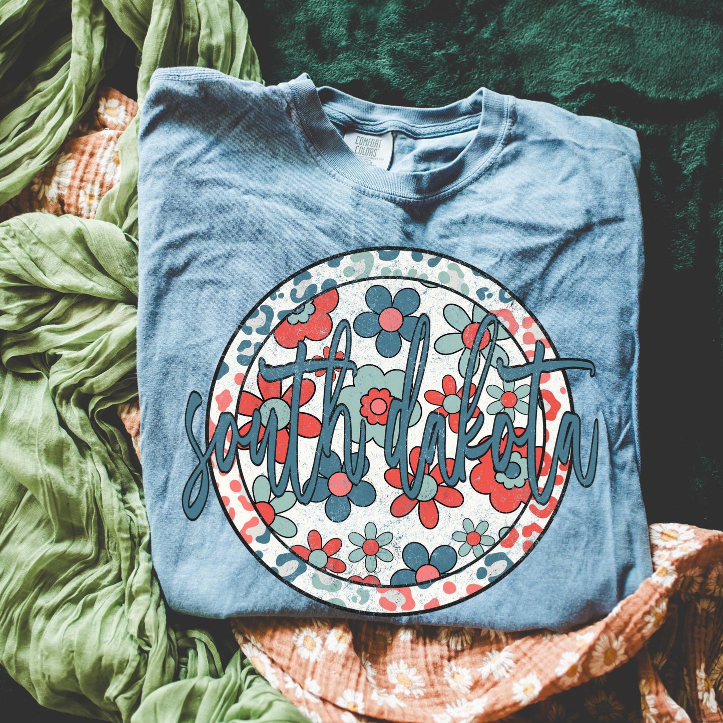 Retro Floral State Tee - Blue Jean