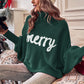 Blackish Green Merry Letter Embroidered High Neck Sweater