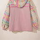 Light Pink Aztec Patch Drawstring Hooded Zip Up Jacket