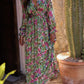 Green Floral Print Deep V Neck Ruched Cinched Waist Maxi Dress