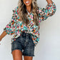 Multicolor Abstract Print 3/4 Puff Sleeve Ruffle Blouse