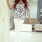 Multicolor Abstract Print 3/4 Puff Sleeve Ruffle Blouse