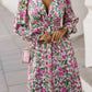 Green Floral Print Deep V Neck Ruched Cinched Waist Maxi Dress