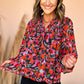 Red Dahlia Abstract Floral Shirred Detail Puff Sleeve Blouse