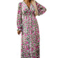 Green Floral Print Deep V Neck Ruched Cinched Waist Maxi Dress