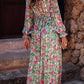 Green Floral Print Deep V Neck Ruched Cinched Waist Maxi Dress