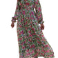 Green Floral Print Deep V Neck Ruched Cinched Waist Maxi Dress