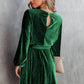 Green Tie Waist Crinkle Velvet Dress