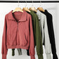 Gray Zip Up Stand Collar Ribbed Thumbhole Sleeve Sweatshirt