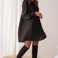 Black Solid Bishop Sleeve Pleated Mini Dress