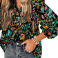 Multicolour Abstract Print 3/4 Puff Sleeve Ruffle Blouse