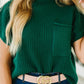 Blackish Green Patch Pocket Ribbed Knit Short Sleeve Sweater