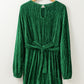 Green Tie Waist Crinkle Velvet Dress