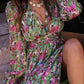 Green Floral Print Deep V Neck Ruched Cinched Waist Maxi Dress