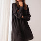 Black Solid Bishop Sleeve Pleated Mini Dress