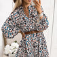 Blue Leopard Print Bubble Sleeve Ruffled Shirt Dress