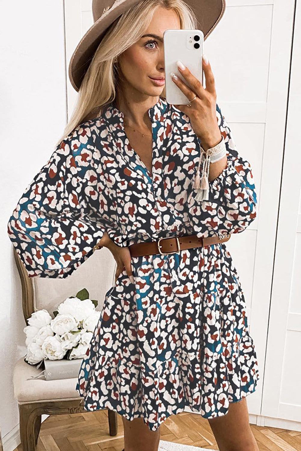 Blue Leopard Print Bubble Sleeve Ruffled Shirt Dress