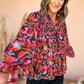 Red Dahlia Abstract Floral Shirred Detail Puff Sleeve Blouse