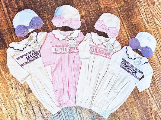 Smocked Peter Pan Collared Gown & Hat Set