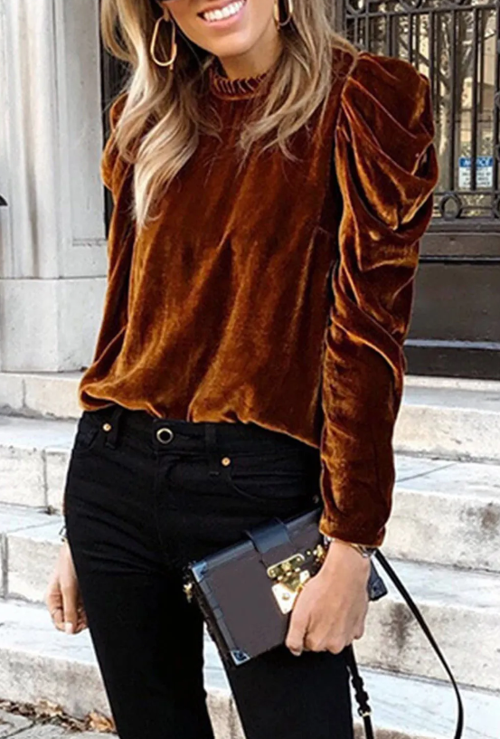 Rust Velvet Puff Sleeve Top