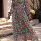 Green Floral Print Deep V Neck Ruched Cinched Waist Maxi Dress