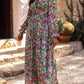 Green Floral Print Deep V Neck Ruched Cinched Waist Maxi Dress