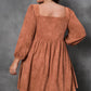 Chestnut Plus Size Suede Square Neck Balloon Sleeve Dress