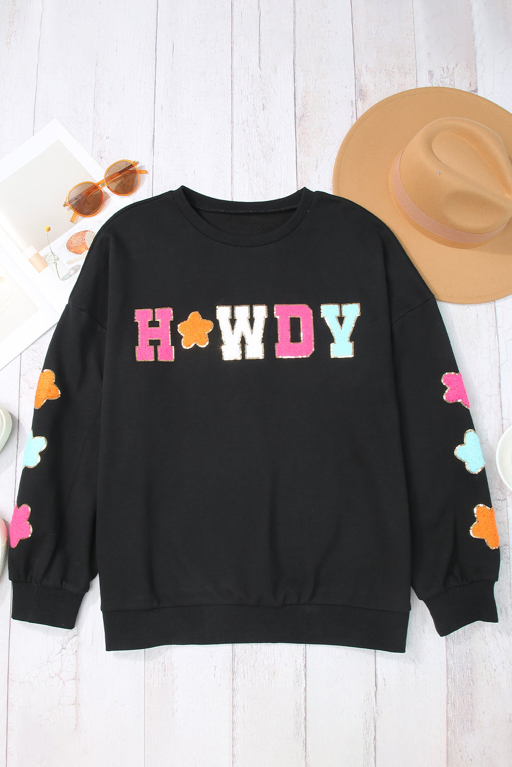 Black Glitter Howdy Patch Graphic Casual Sweatshirt