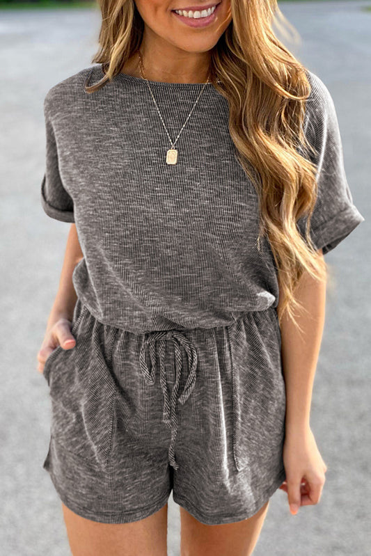 Gray Ribbed Elastic Waist Romper