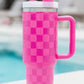 Bright Pink Checkered Print Handled Stainless Steel Tumbler Cup 40oz