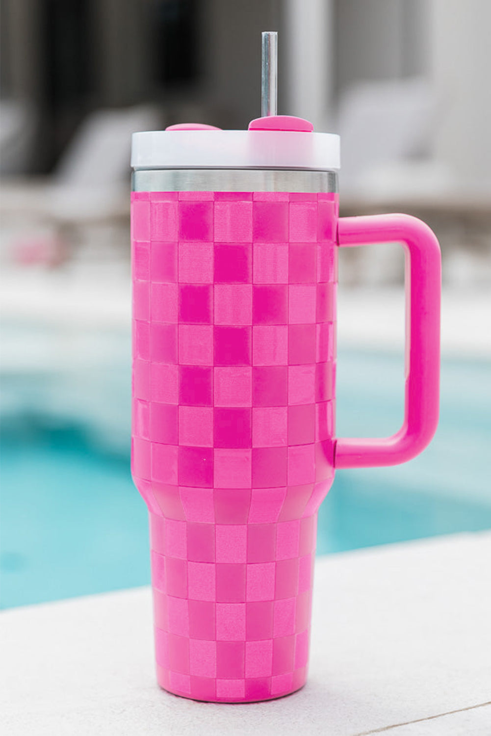 Bright Pink Checkered Print Handled Stainless Steel Tumbler Cup 40oz