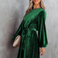 Green Tie Waist Crinkle Velvet Dress