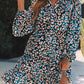 Blue Leopard Print Bubble Sleeve Ruffled Shirt Dress